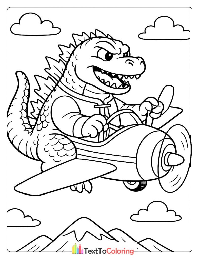 A funny coloring page of Godzilla wearing a pilot's jacket and flying a small biplane over mountains.