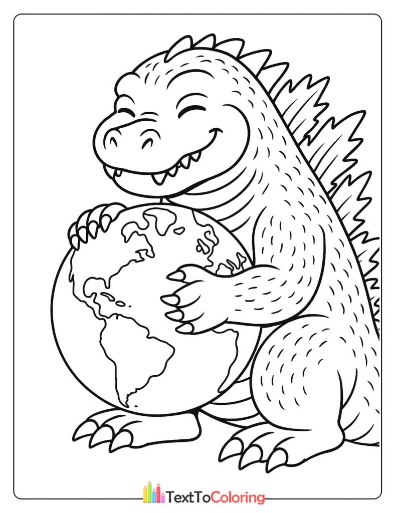 A heartwarming coloring page of a smiling Godzilla hugging the globe, with its eyes closed.