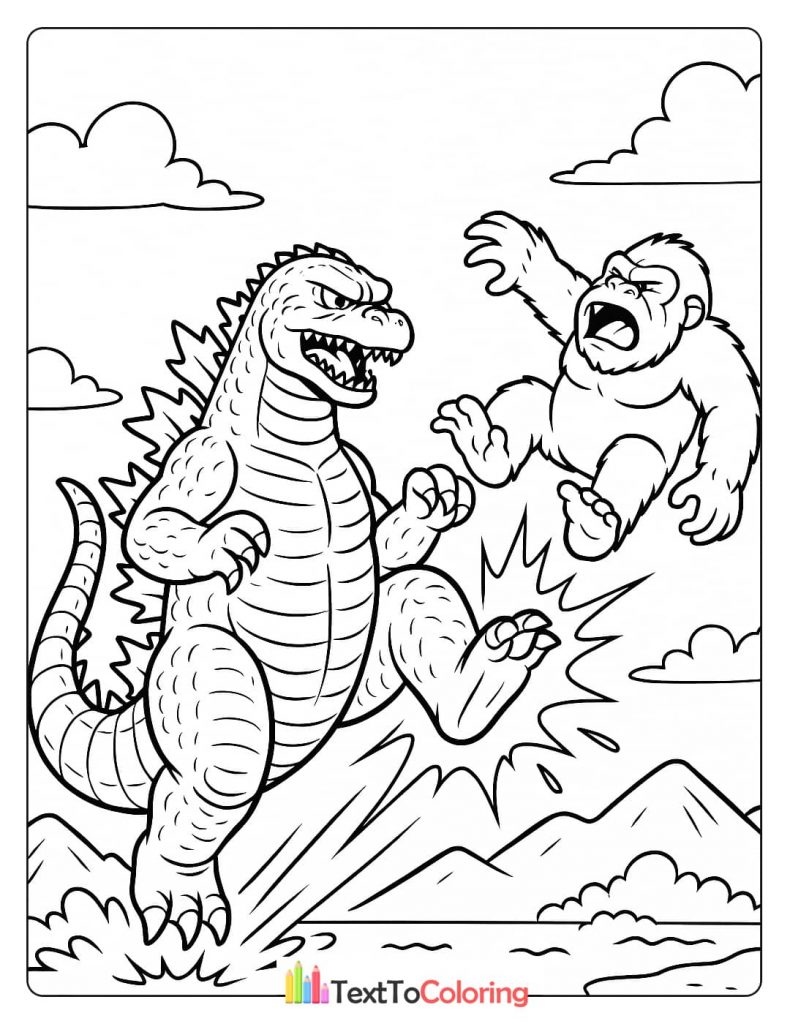A coloring page showing Godzilla kicking King Kong, who is flying through the air.