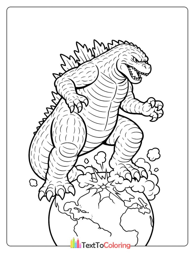 A coloring page of Godzilla standing on top of the world, symbolizing its reign as the ultimate monster.