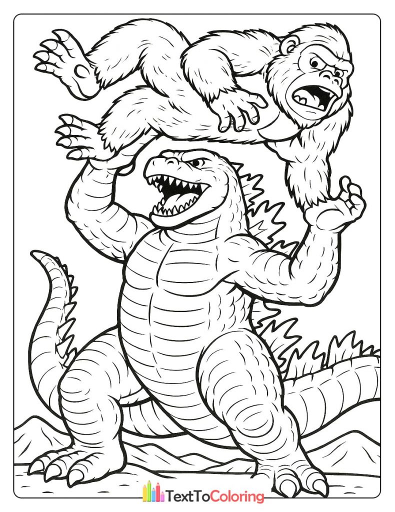 A coloring page of Godzilla lifting King Kong above its head in a show of strength, as Kong looks on in anger.