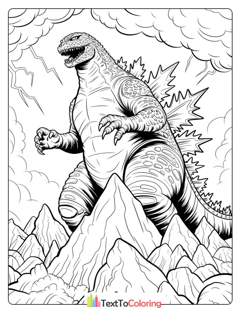A coloring page of Godzilla roaring from the top of a mountain, surrounded by lightning and clouds.