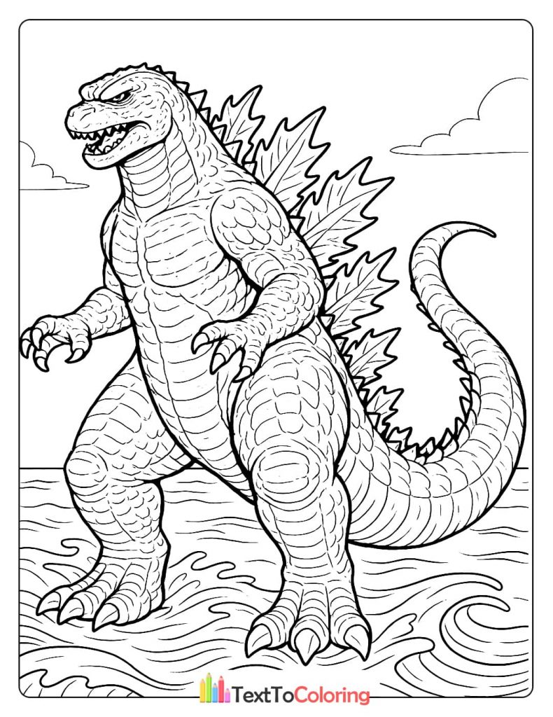 A powerful coloring page of Godzilla standing on a shoreline with a detailed, muscular physique.