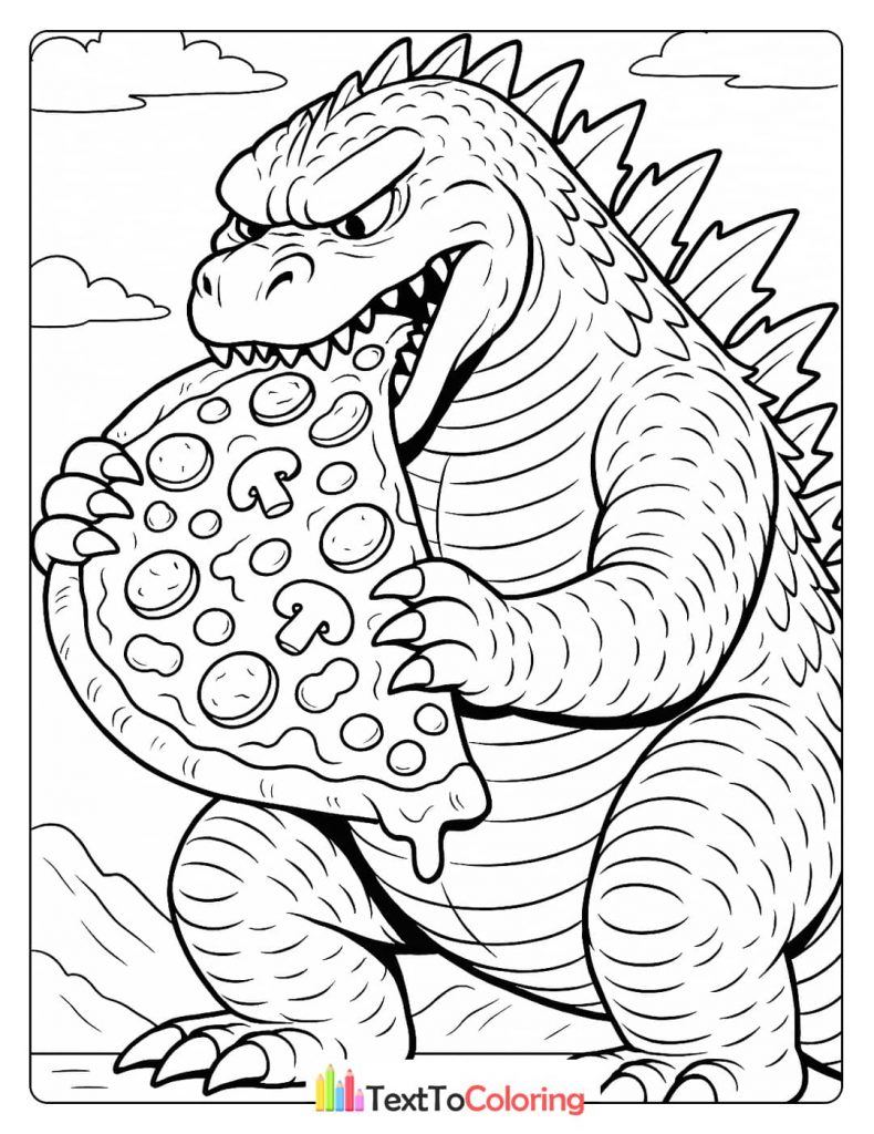 A funny coloring page of Godzilla eating a giant slice of pizza with mushrooms and pepperoni.