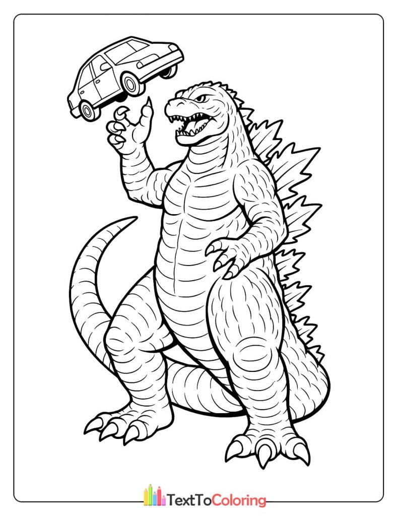 A coloring page of Godzilla holding a small car in its hand, looking ready to crush it.