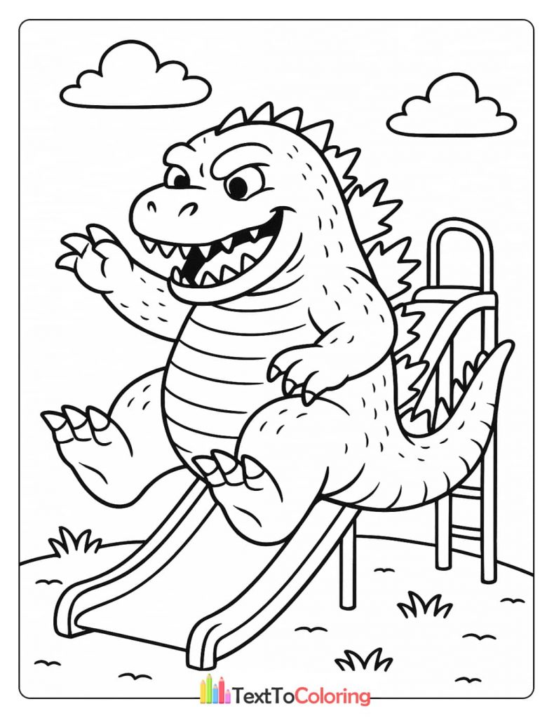 A humorous coloring page of a happy Godzilla sitting on top of a playground slide.
