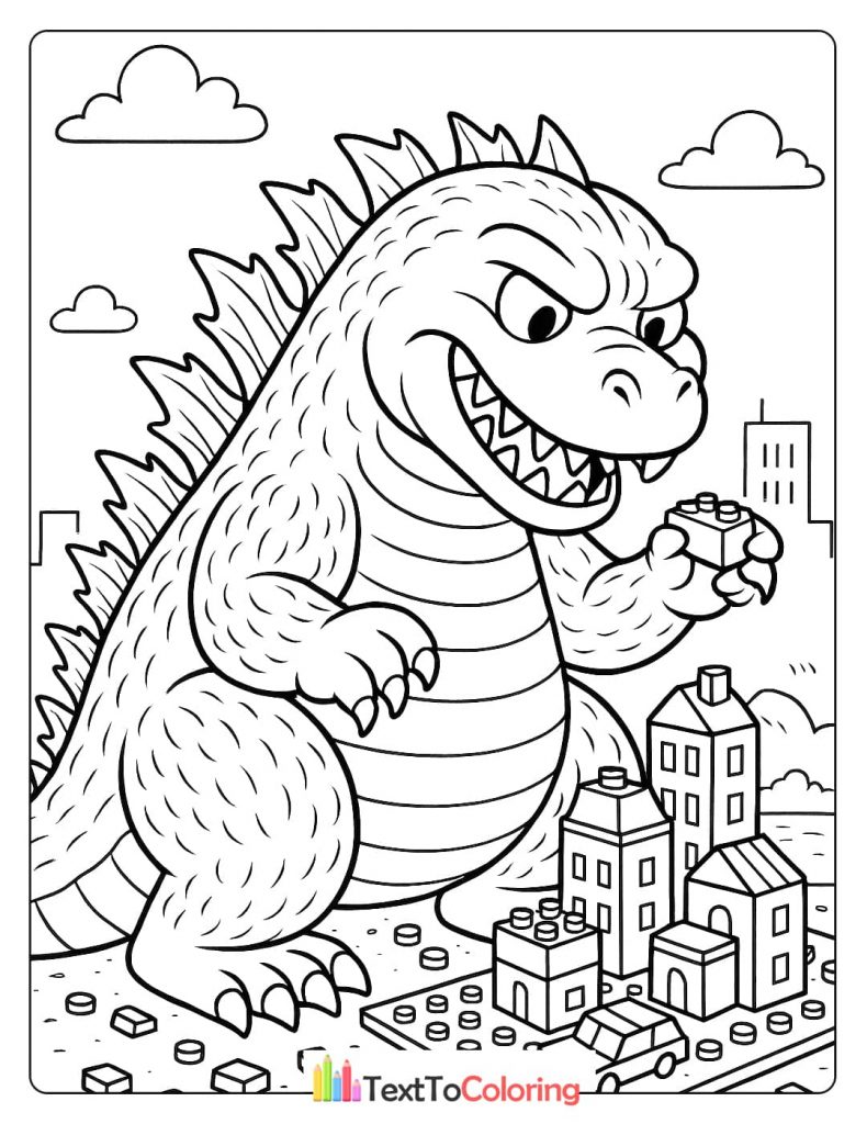 A funny coloring page of a giant Godzilla picking up a Lego block in a city made of toy bricks.