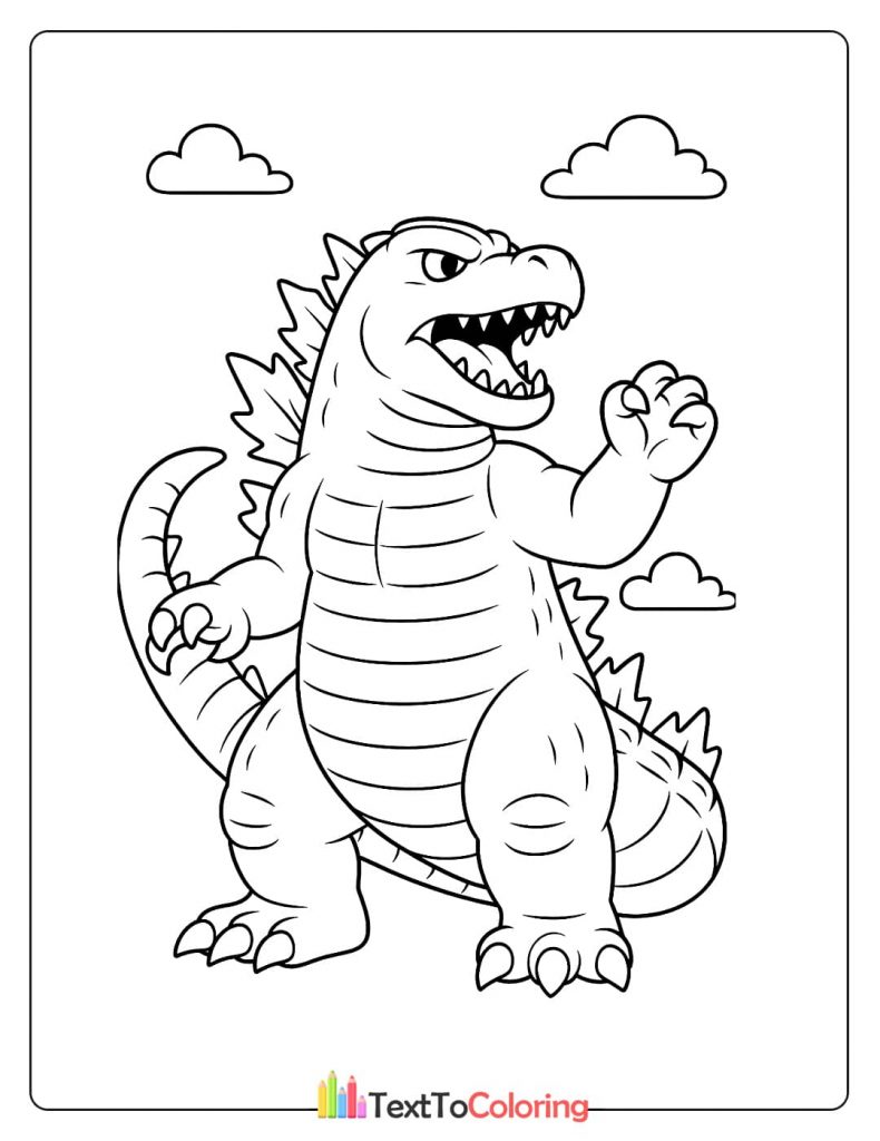 A coloring page of Godzilla raising its hand in a defiant stance with a cloudy background.