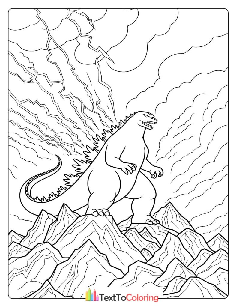 A coloring page of Godzilla standing on a mountain range with lightning and clouds in the background.