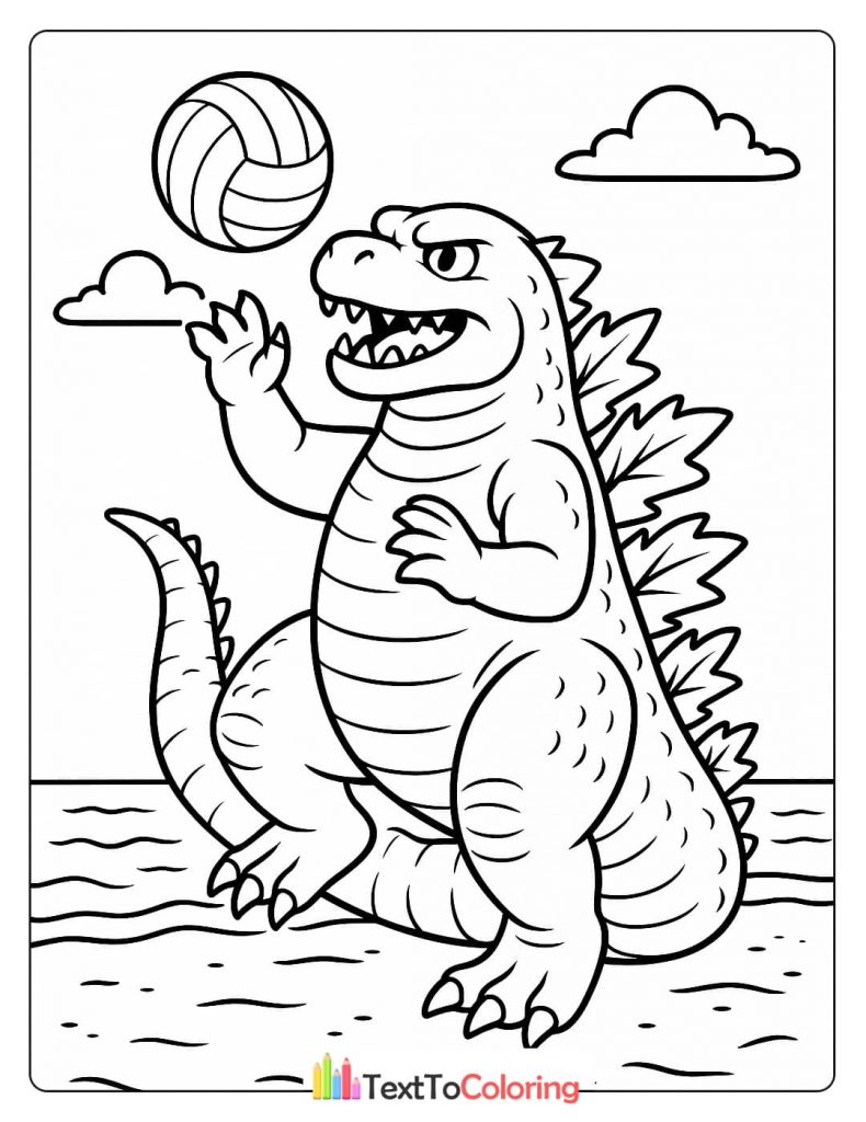 A fun coloring page of Godzilla sitting on the beach, raising its hand to hit a volleyball.