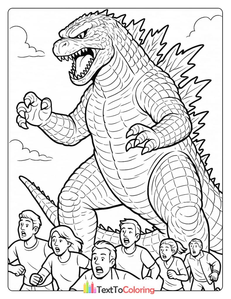 A coloring page of a giant Godzilla towering over a group of terrified people running away.