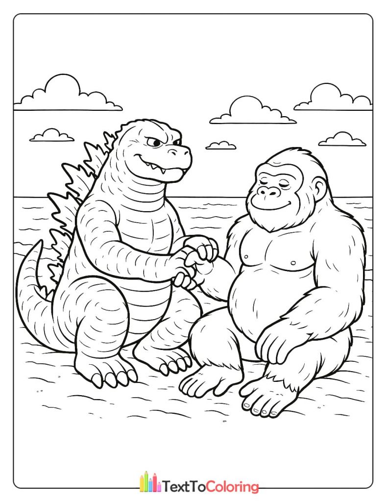 A heartwarming coloring page showing Godzilla and King Kong sitting and shaking hands on a beach.