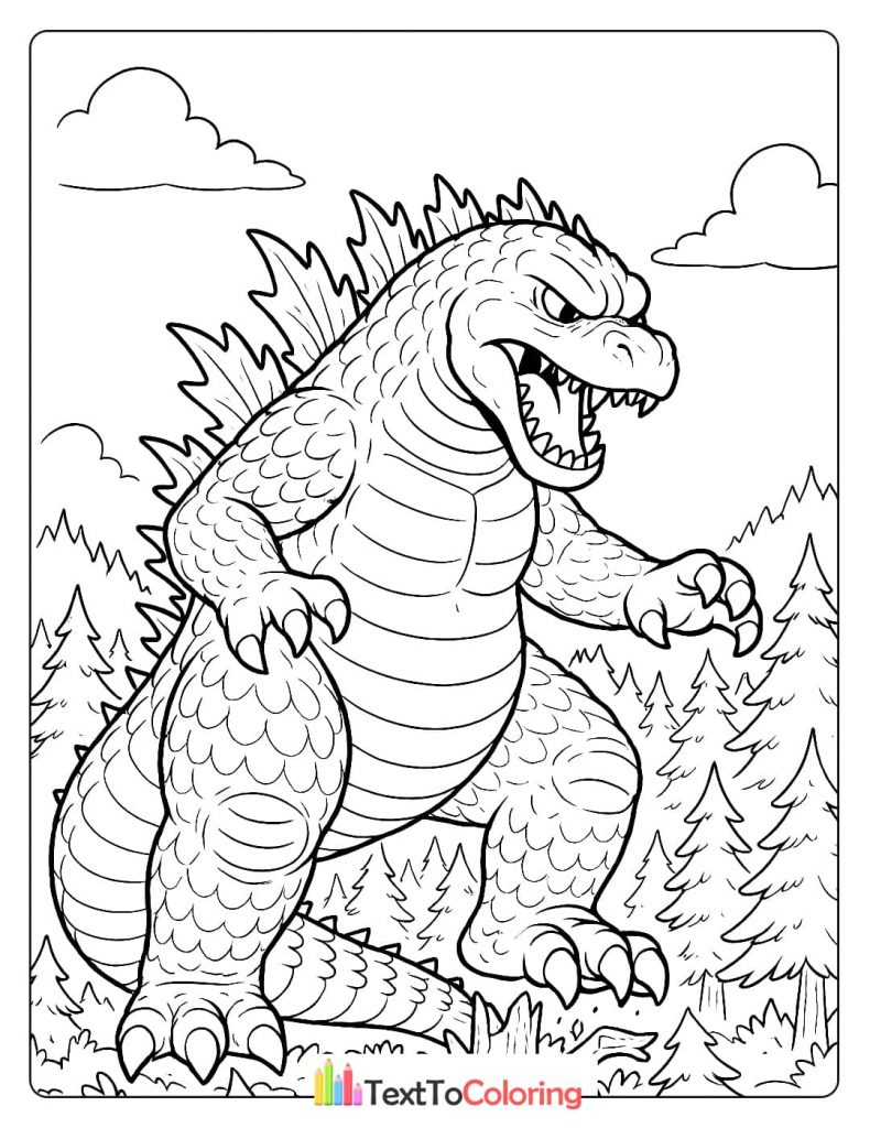 A coloring page of Godzilla walking through a forest with pine trees and clouds.