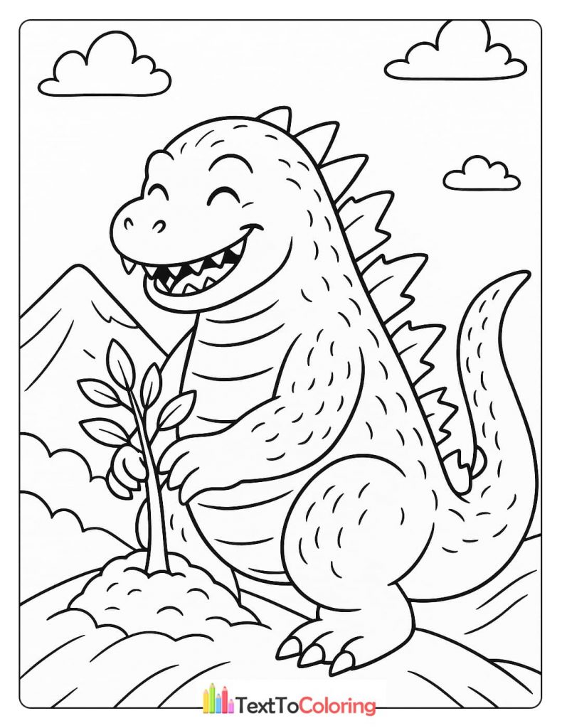A cute coloring page of a smiling Godzilla happily planting a small tree sapling on a hill.