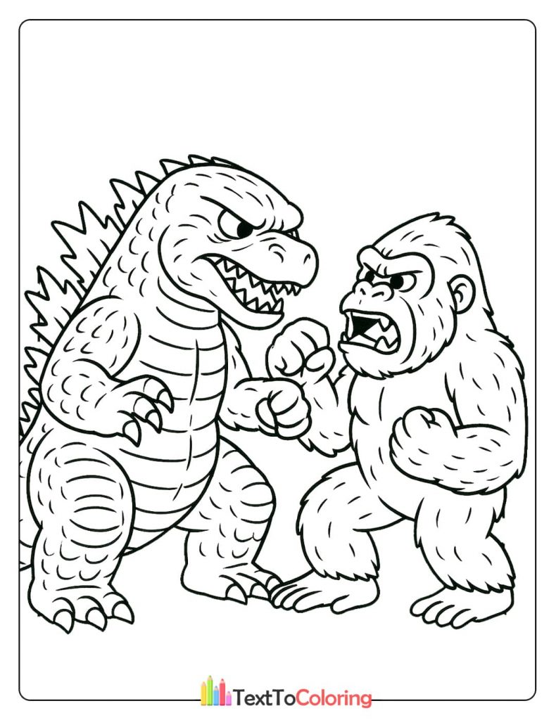 A coloring page of Godzilla and King Kong standing face to face in a pre-fight stance.