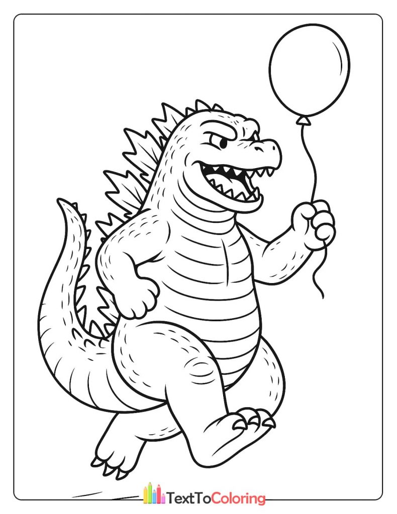A cute coloring page of Godzilla smiling and walking while holding a balloon.