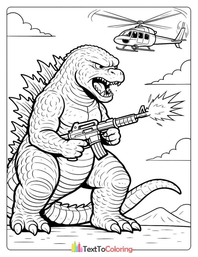 A strange coloring page of Godzilla holding and firing a large machine gun with a helicopter flying above.