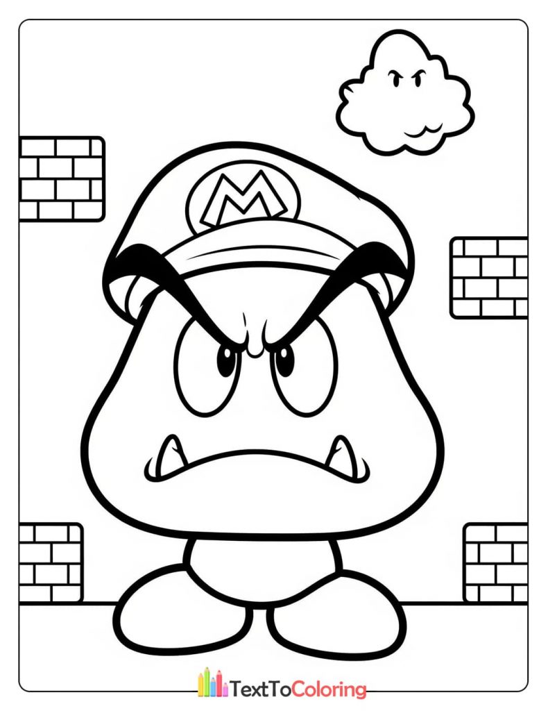 A coloring page of an angry Goomba with a crown