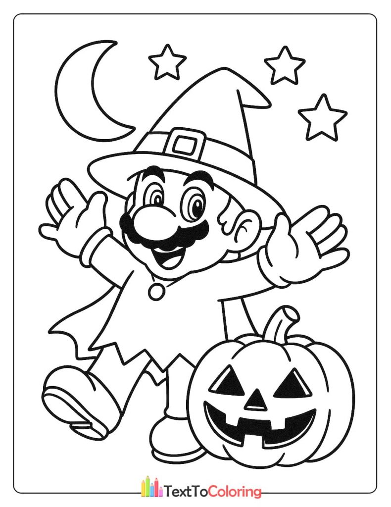 A coloring page of Mario in a witch costume with a pumpkin