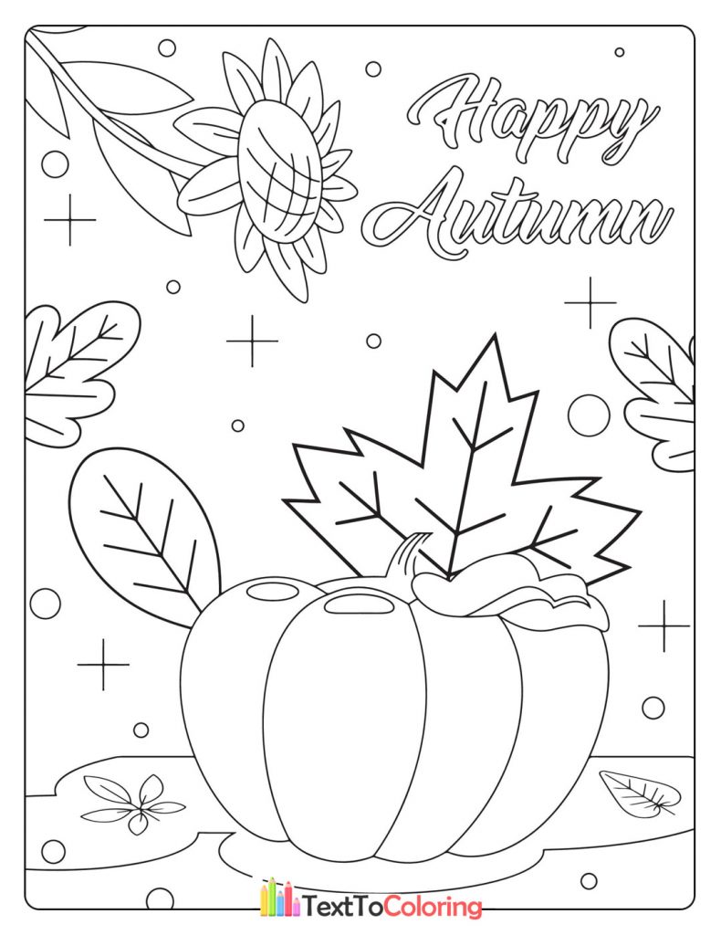 Large pumpkin with autumn leaves and "Happy Autumn" text.