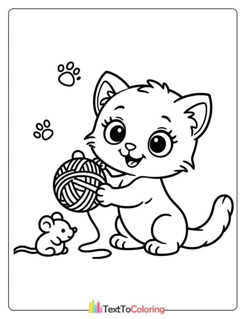 A coloring page of a cheerful kitten holding a large ball of yarn while a small mouse friend looks on.