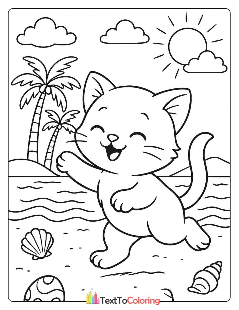 A summer-themed coloring page of a smiling kitten running on a sunny beach near the water, with palm trees and seashells.