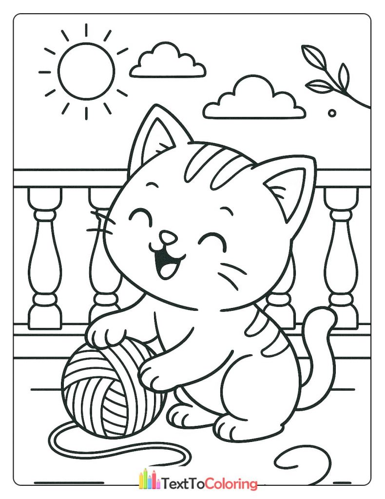 A coloring page of a cheerful kitten playing with a large ball of yarn on a balcony under the sun.