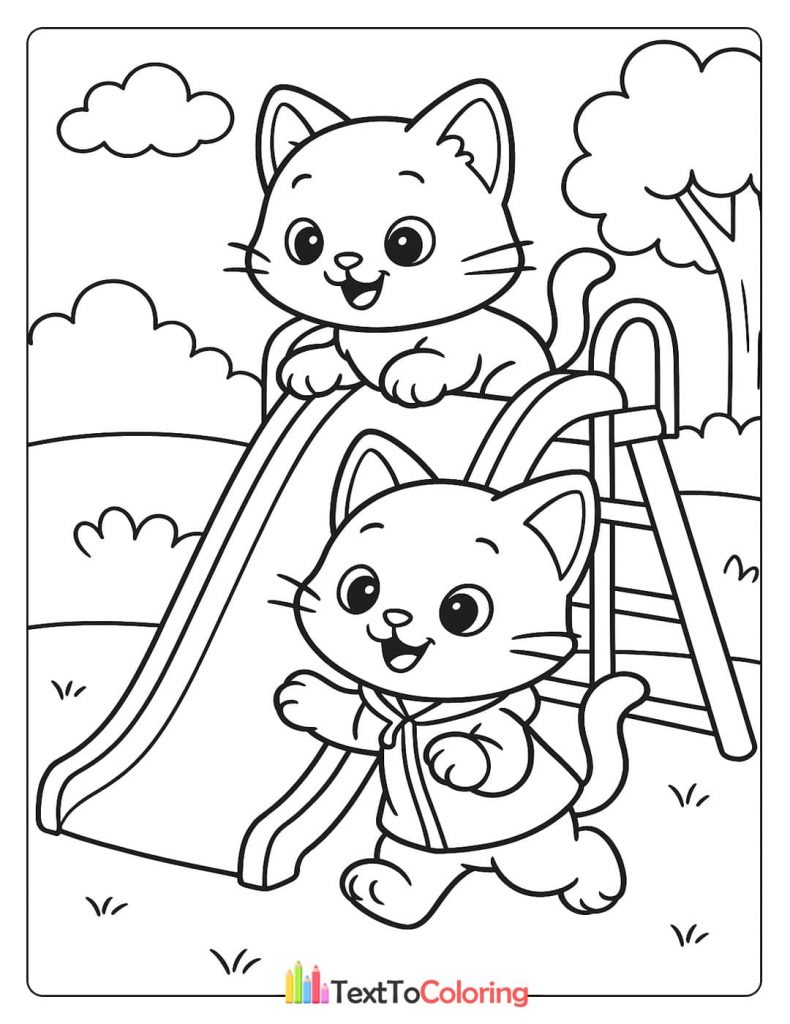 A playful coloring page of two kittens at a playground, one sliding down a slide and the other smiling from the top.