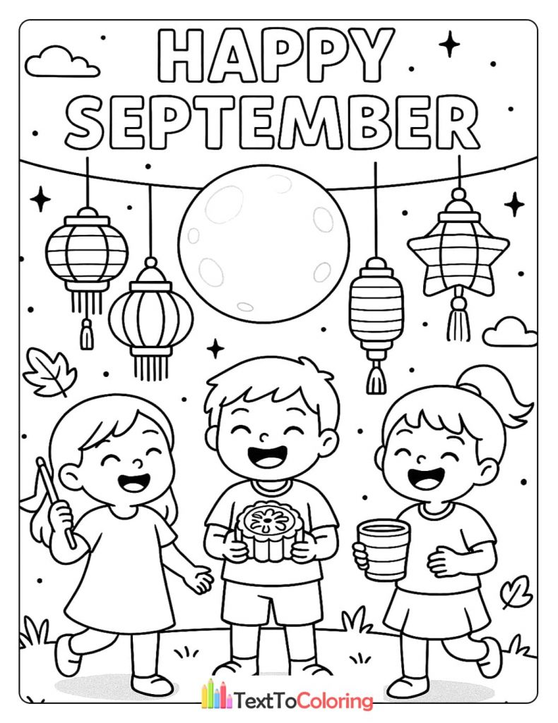 A "Happy September" coloring page of children celebrating the Mid-Autumn Festival with a full moon and traditional lanterns.