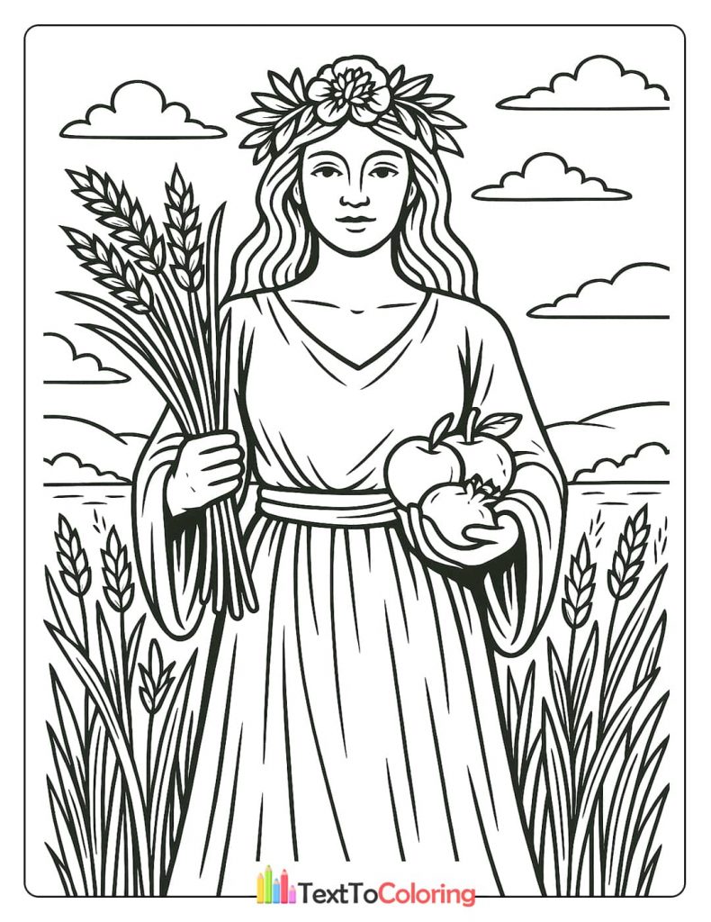 A coloring page of a goddess of harvest standing in a field of wheat and corn. She wears a crown of flowers and holds a bundle of wheat and a pair of apples, celebrating abundance and nature.