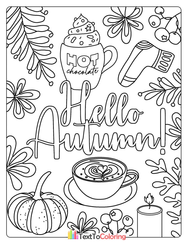 Cup of hot drink, pumpkin, and autumn decorations with "Hello Autumn" text.