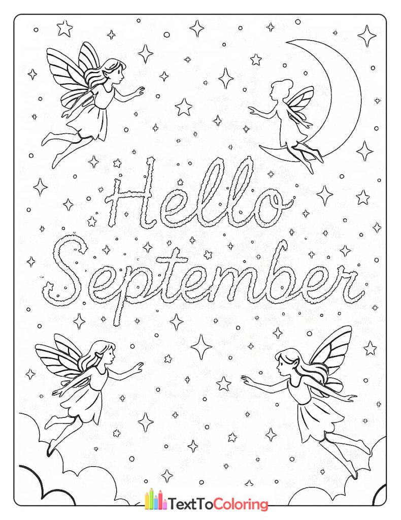 A magical coloring page featuring fairies, stars, and a moon, with the text "Hello September".