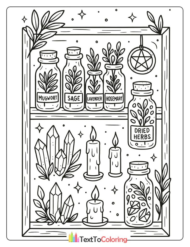 A printable coloring sheet of a witch's shelf with jars of dried herbs like sage, mugwort, and lavender, alongside various crystals, lit candles, and a hanging pentacle.