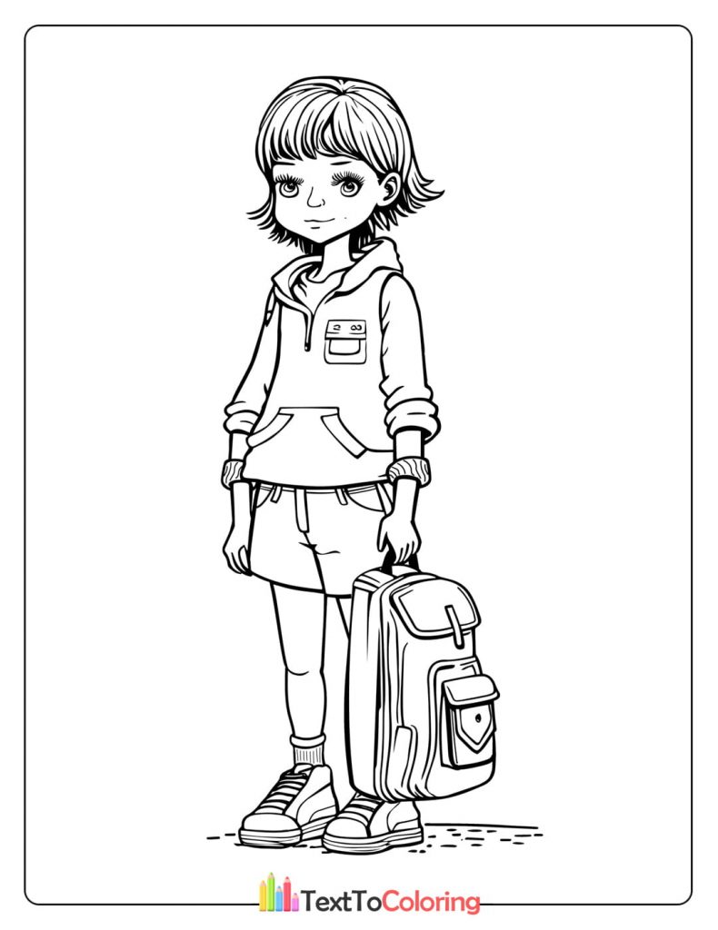 Printable coloring page of a high school girl holding her backpack