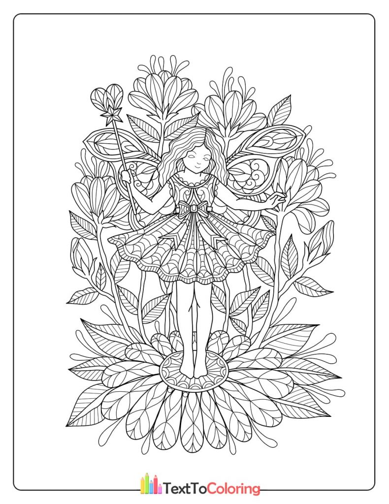 A detailed coloring page of a fairy holding a magic wand, standing on a large flower with elaborate leaves surrounding her.