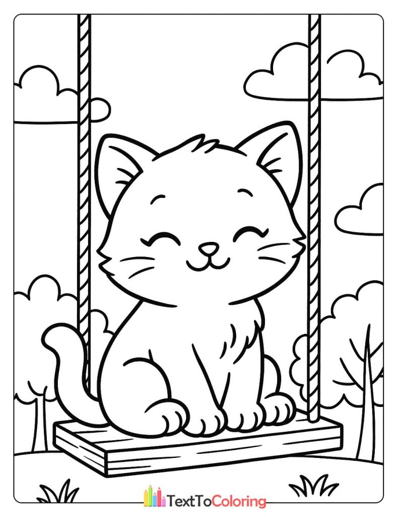 A relaxing coloring page of a happy kitten with its eyes closed, enjoying a peaceful ride on a wooden swing.