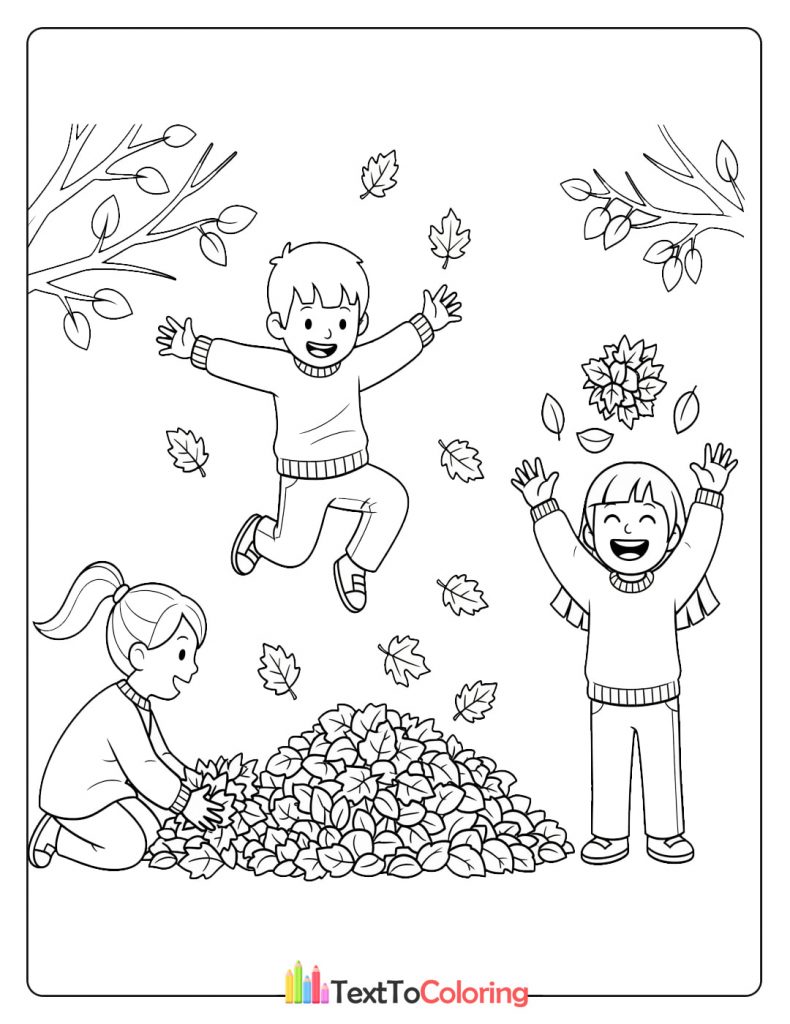 Children jumping into a pile of fall leaves