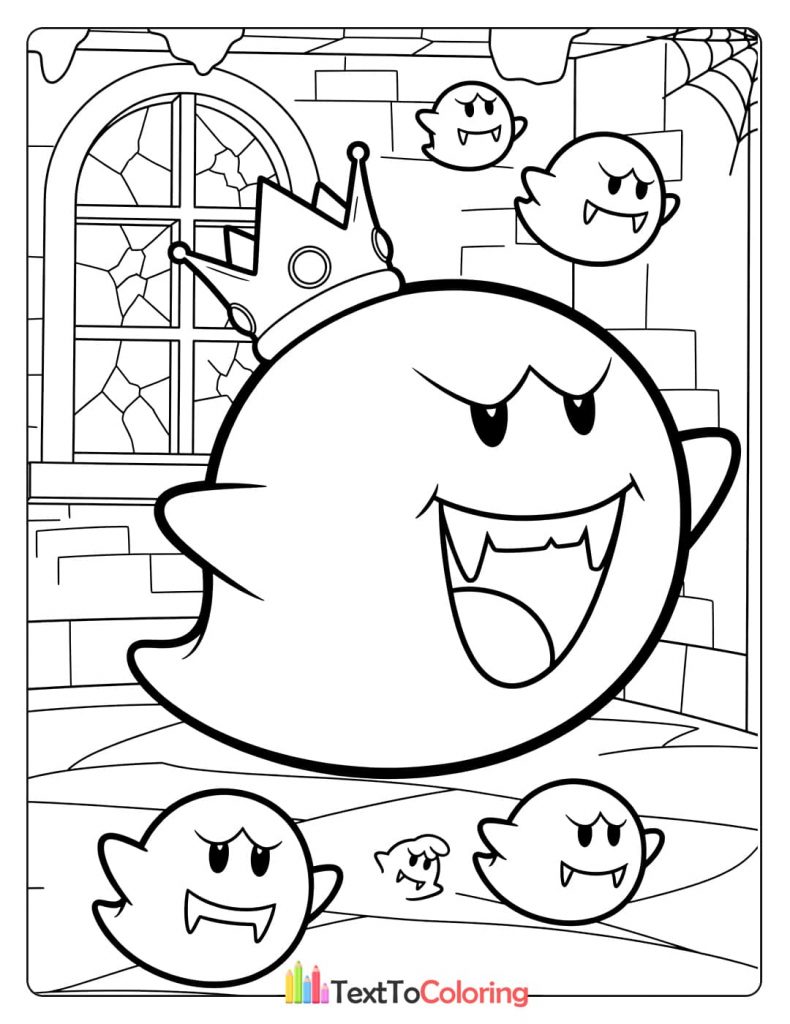A coloring page of King Boo and other Boo ghosts