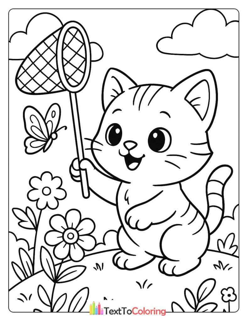 A fun coloring page of a happy kitten with a butterfly net, trying to catch a butterfly in a field of flowers.