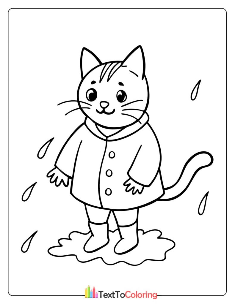 A black and white coloring page of a kitten wearing a raincoat and boots, standing in a puddle with raindrops.