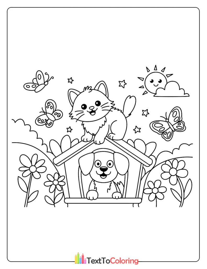 A sweet coloring page of a kitten sitting on top of a doghouse while a happy puppy peeks out from inside.