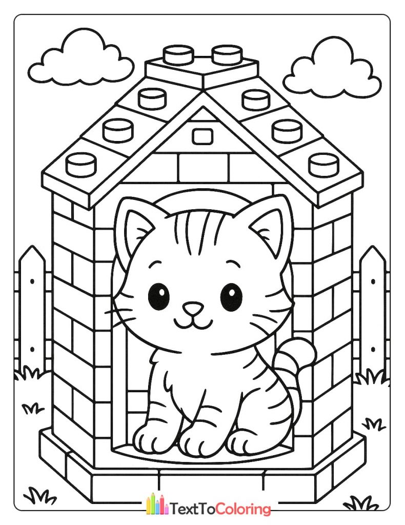 A playful coloring page of a happy kitten sitting inside a small doghouse made of large Lego bricks.