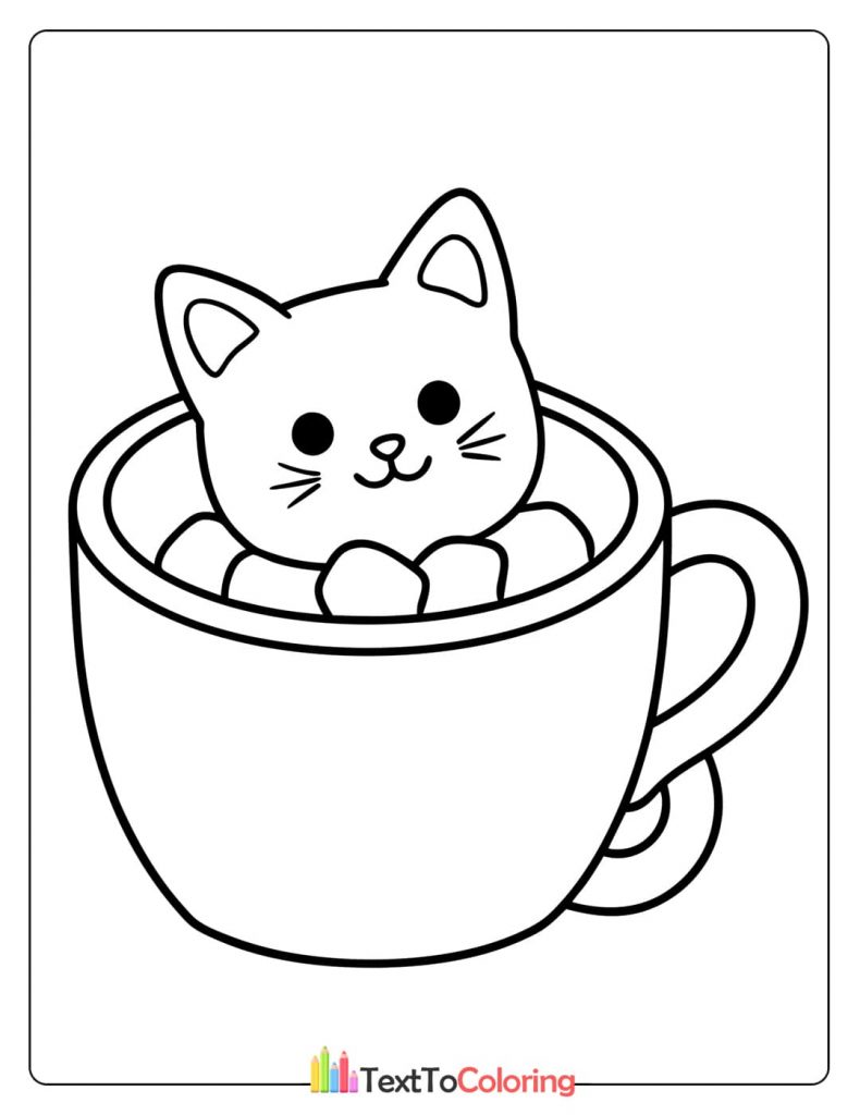 A fun kitten coloring page showing a happy kitten sitting inside a large mug, surrounded by marshmallows.