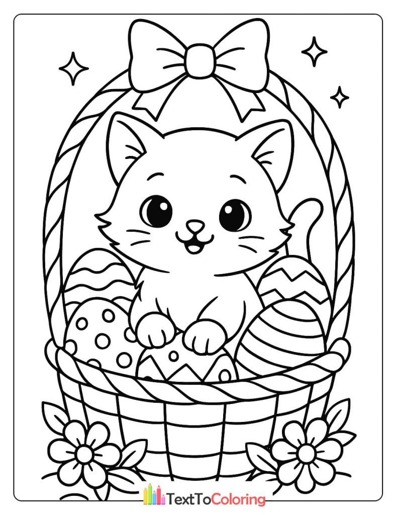 A festive coloring page of a happy kitten sitting inside an Easter basket filled with decorated Easter eggs.