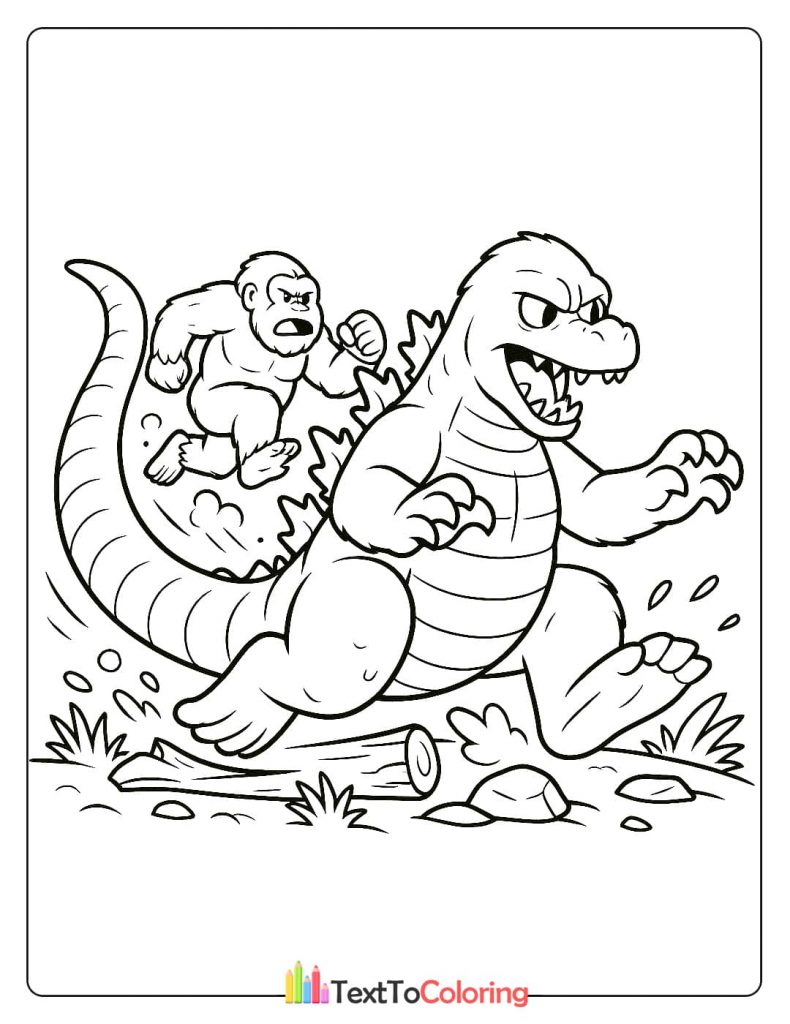 A dynamic coloring page of King Kong chasing Godzilla, with both monsters running and looking angry.