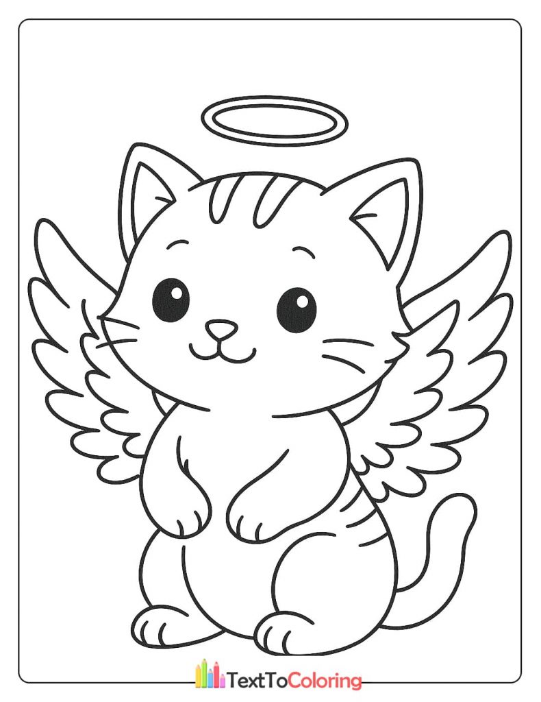 A sweet coloring page of a striped kitten with fluffy wings and a glowing halo above its head.