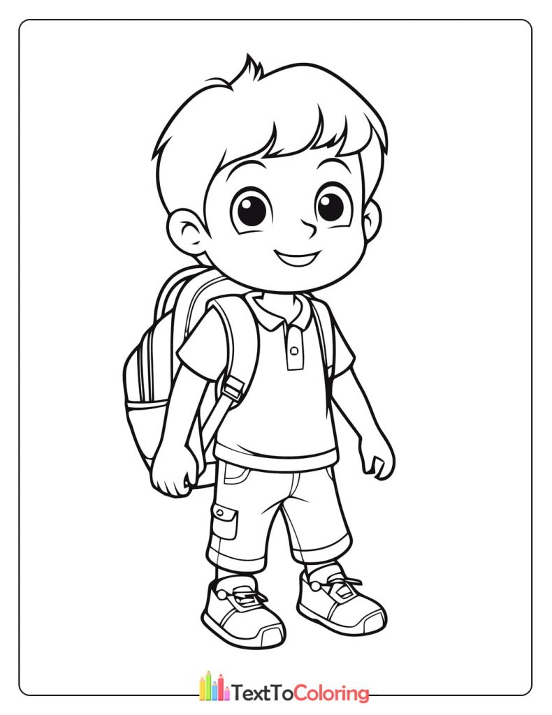 Coloring page of a smiling boy with backpack standing ready for school.