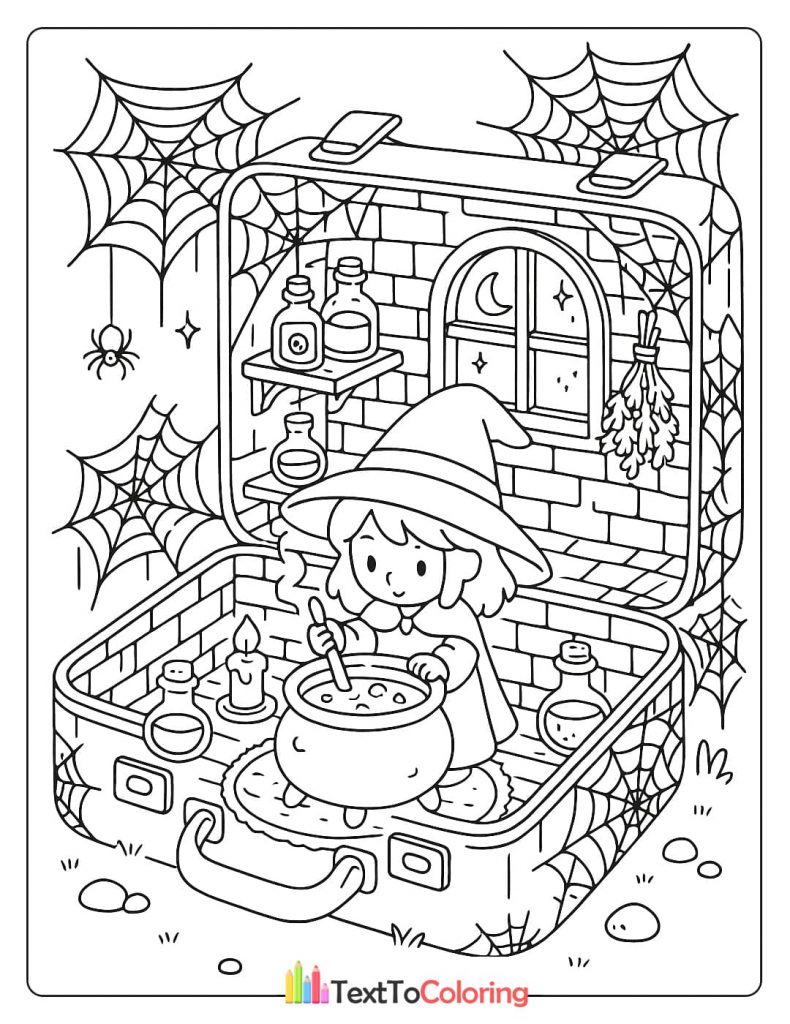 A coloring page of a little witch stirring a cauldron in her magical room inside a suitcase.