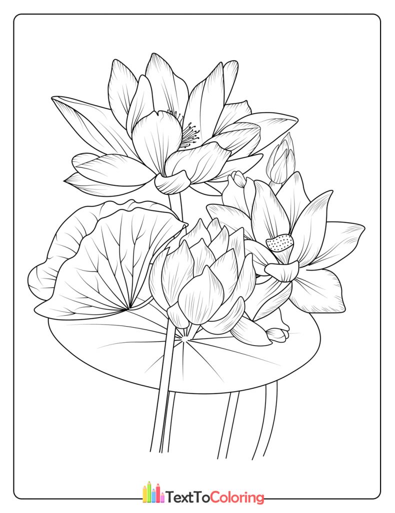 Artistic lotus coloring page with multiple blossoms and soft curved leaves.