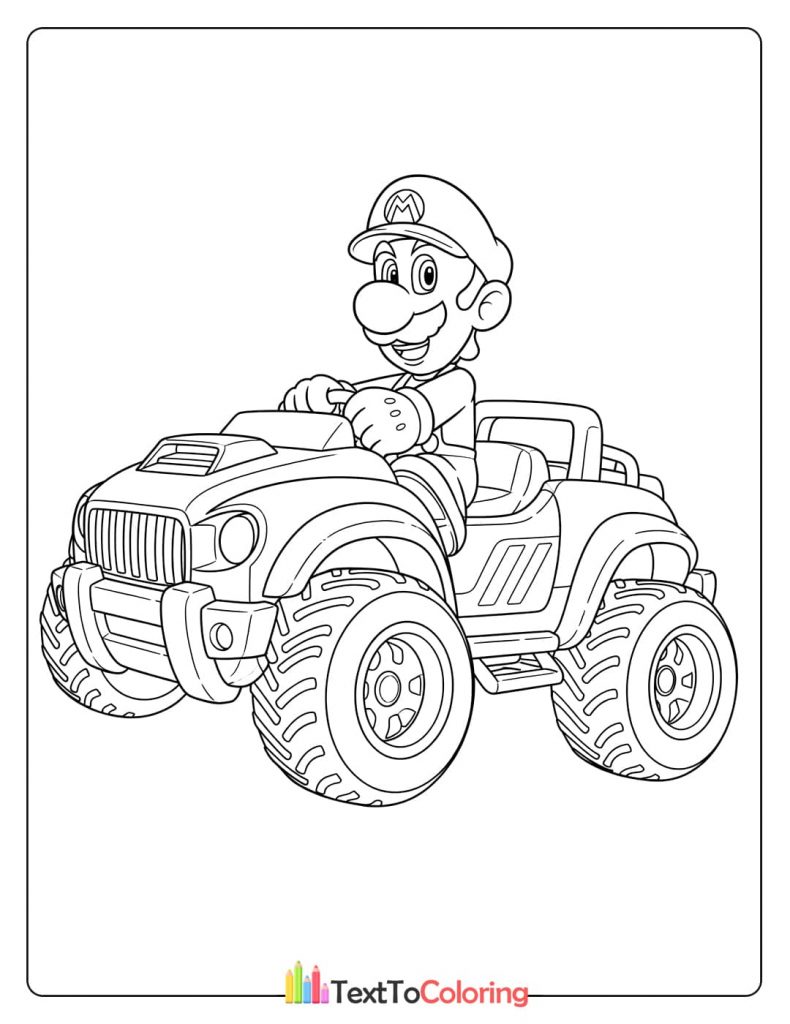 A coloring page of Luigi driving a monster truck